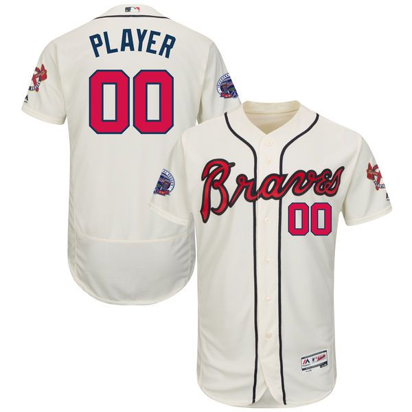 Men Atlanta Braves Majestic Alternate Cream 2017 Authentic Flex Base Custom MLB Jersey with Commemorative Patch